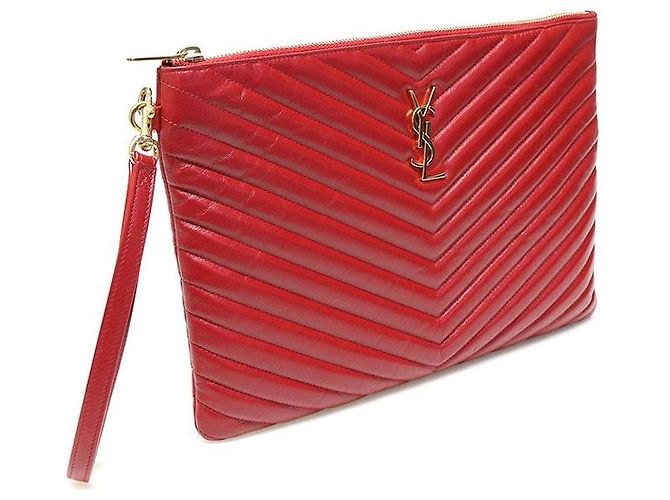 Saint Laurent Rote Matelassé gesteppte Kalbsleder Goldton Monogramm Tablet Neue Medium Pouch Clutch - Ansicht 2