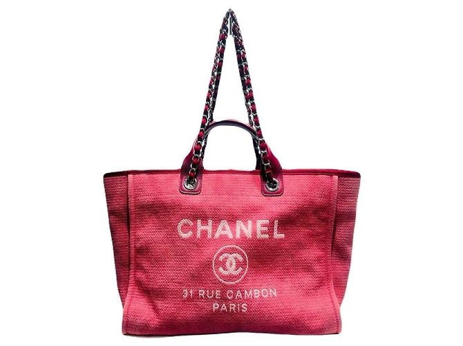 Chanel Grande borsa shopper in tela di cotone e pelle di vitello rosa - vista 2