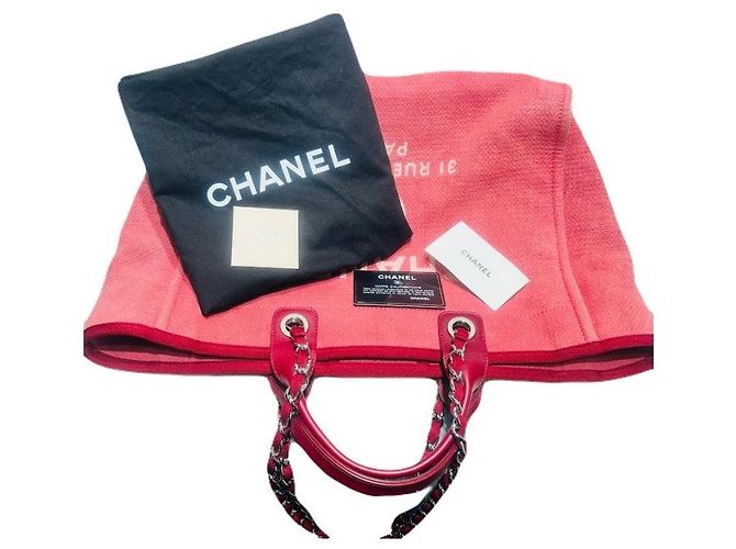 Chanel Grande borsa shopper in tela di cotone e pelle di vitello rosa - vista 3