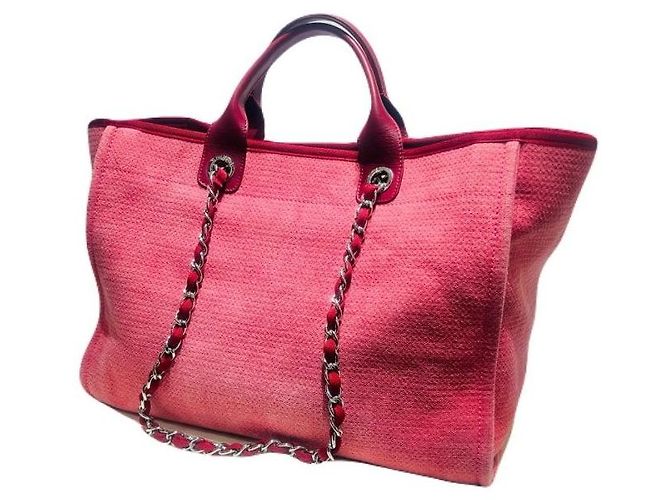 Chanel Grande borsa shopper in tela di cotone e pelle di vitello rosa - vista 4