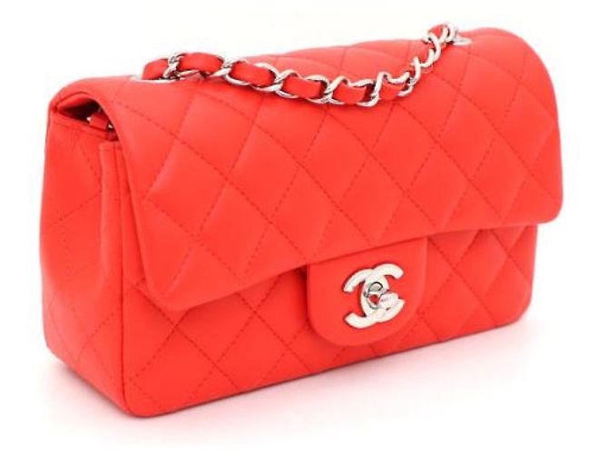 Chanel Mini Borsa a Spalla e Borsa Crossbody New Classic Flap CC in Agnello con Catena Argentata Rosso - vista 10