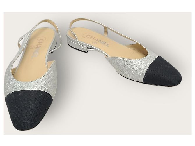 Chanel Décolleté slingback bicolore argento con tacco basso piatto - vista 4