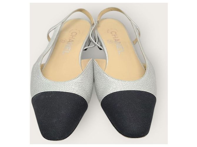 Chanel Décolleté slingback bicolore argento con tacco basso piatto - vista 7