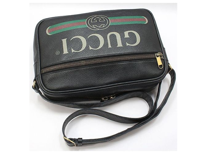 Gucci Borsa a tracolla messenger in pelle nera con stampa logo Nero - vista 3