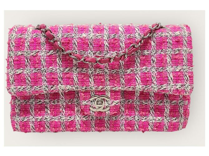 Chanel Borsa a tracolla con catena media classica in tweed rosa e argento - vista 2