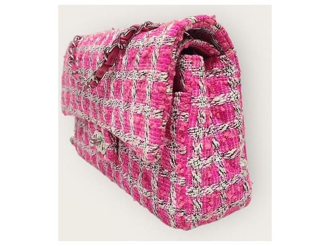 Chanel Borsa a tracolla con catena media classica in tweed rosa e argento - vista 3