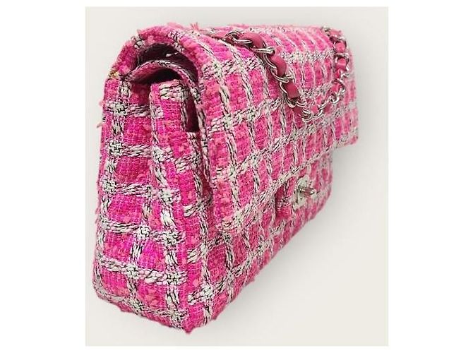 Chanel Borsa a tracolla con catena media classica in tweed rosa e argento - vista 4