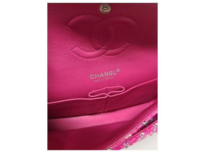 Chanel Borsa a tracolla con catena media classica in tweed rosa e argento - vista 5