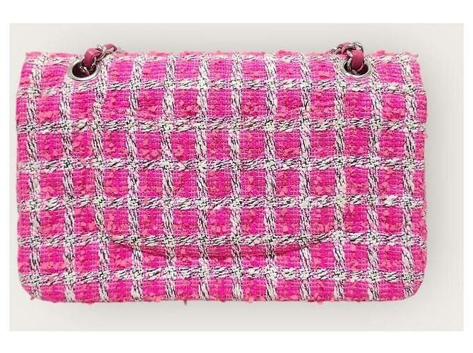 Chanel Borsa a tracolla con catena media classica in tweed rosa e argento - vista 6