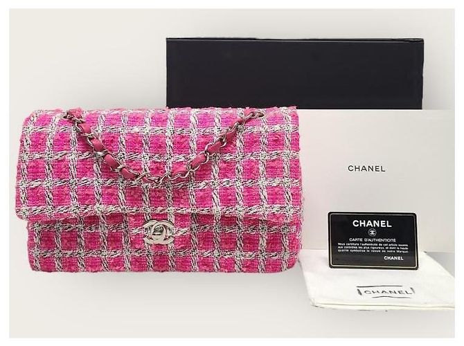 Chanel Borsa a tracolla con catena media classica in tweed rosa e argento - vista 8