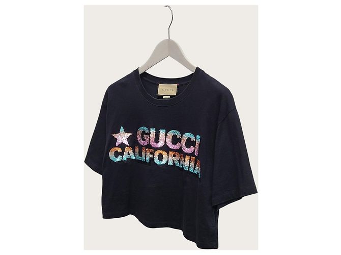 Gucci Kurzes T-Shirt aus schwarzem Baumwolljersey mit Pailletten-Logo - Ansicht 2