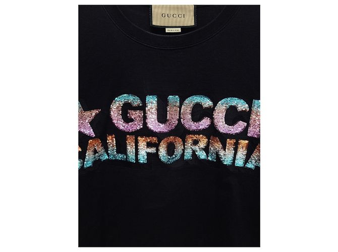 Gucci Kurzes T-Shirt aus schwarzem Baumwolljersey mit Pailletten-Logo - Ansicht 3