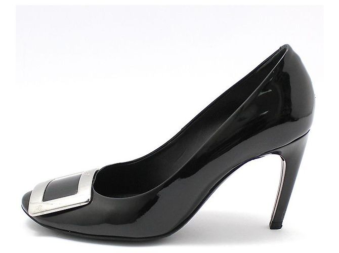 Roger Vivier Décolleté in vernice nera con fibbia metallica argentata Trumpet Nero - vista 3