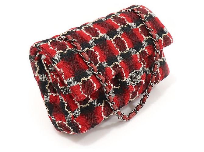 Chanel Borsa a tracolla Classic Medium Flap in tweed rosso con catena argentata - vista 3