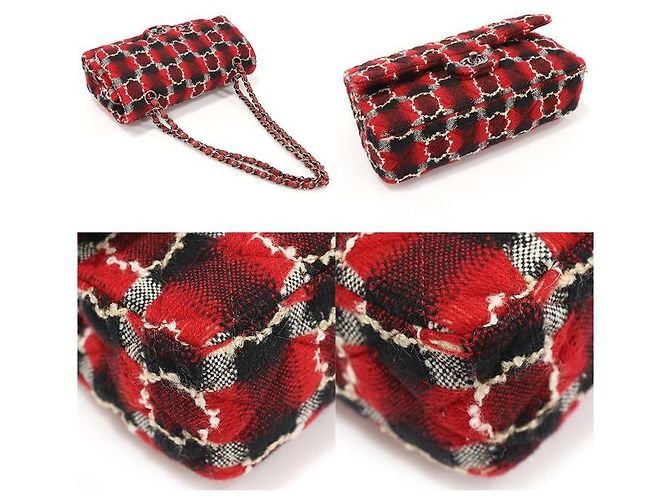 Chanel Borsa a tracolla Classic Medium Flap in tweed rosso con catena argentata - vista 5