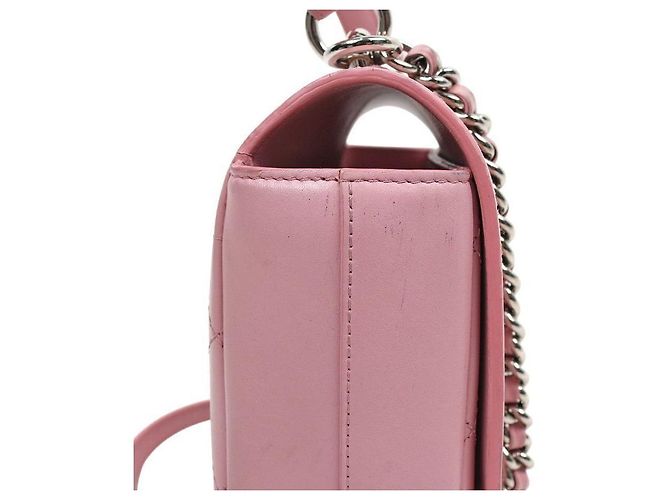 Chanel Bolsa de alça superior com aba acolchoada em pele de cordeiro rosa - vista 8