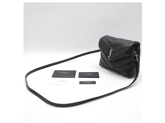 Saint Laurent Borsa a tracolla Loulou Toy in pelle nera con monogramma argento Nero - vista 2