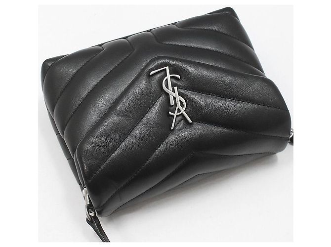 Saint Laurent Borsa a tracolla Loulou Toy in pelle nera con monogramma argento Nero - vista 3