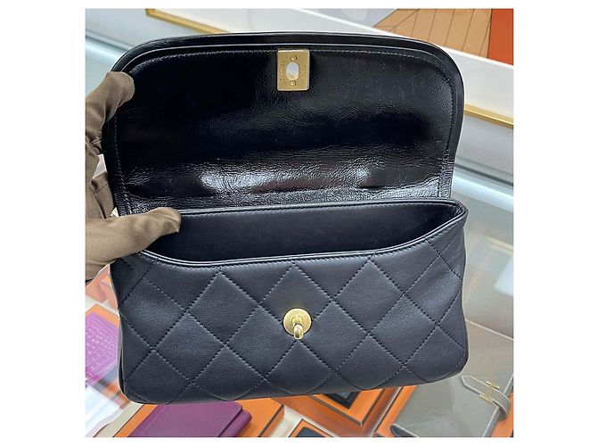 Chanel Bolso Season con asa superior y cadena negro con herrajes dorados - vista 12