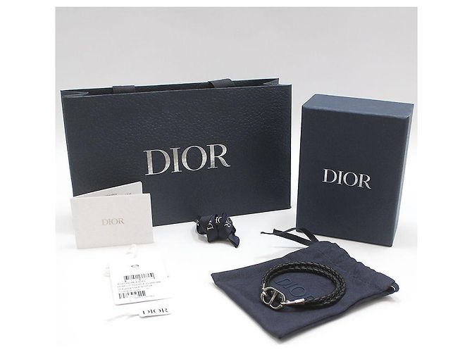 Dior Black Silver CD Icon Braided Leather Double Strap Bracelet - view 2