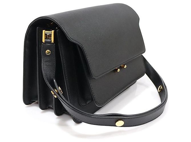 Marni Borsa a tracolla Trunk Medium in Saffiano nero con finiture dorate - vista 3