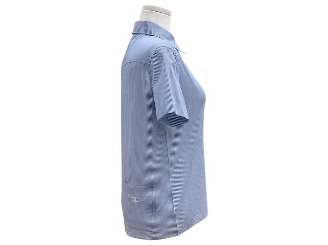 Chanel Camicia a maniche corte con due tasche e logo Stripe CC Blu - vista 2