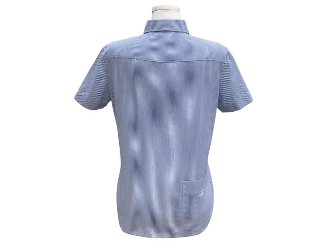 Chanel Camicia a maniche corte con due tasche e logo Stripe CC Blu - vista 3