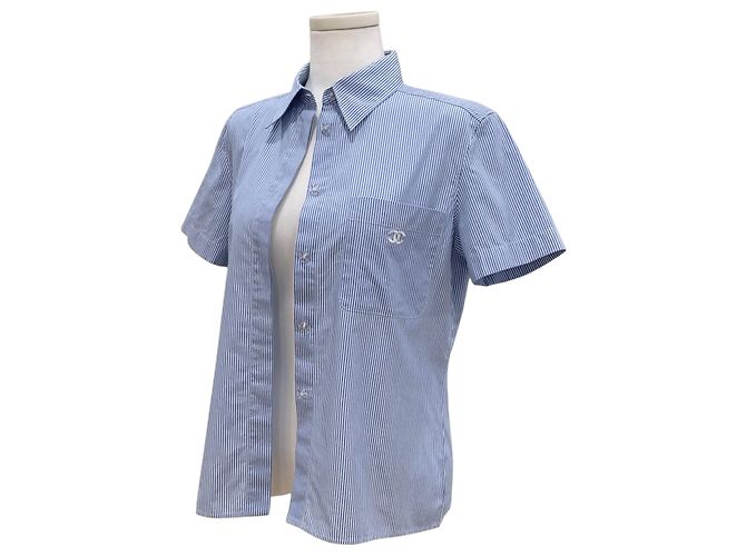 Chanel Camicia a maniche corte con due tasche e logo Stripe CC Blu - vista 4