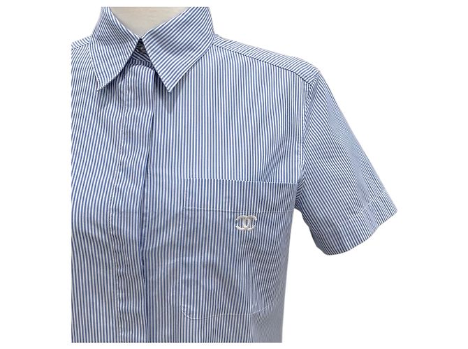 Chanel Camicia a maniche corte con due tasche e logo Stripe CC Blu - vista 5