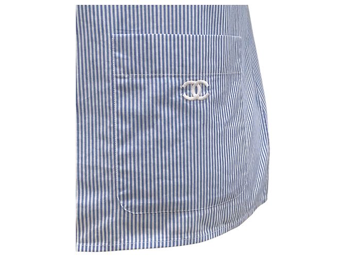 Chanel Camicia a maniche corte con due tasche e logo Stripe CC Blu - vista 6