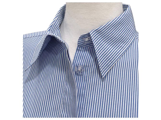 Chanel Camicia a maniche corte con due tasche e logo Stripe CC Blu - vista 7