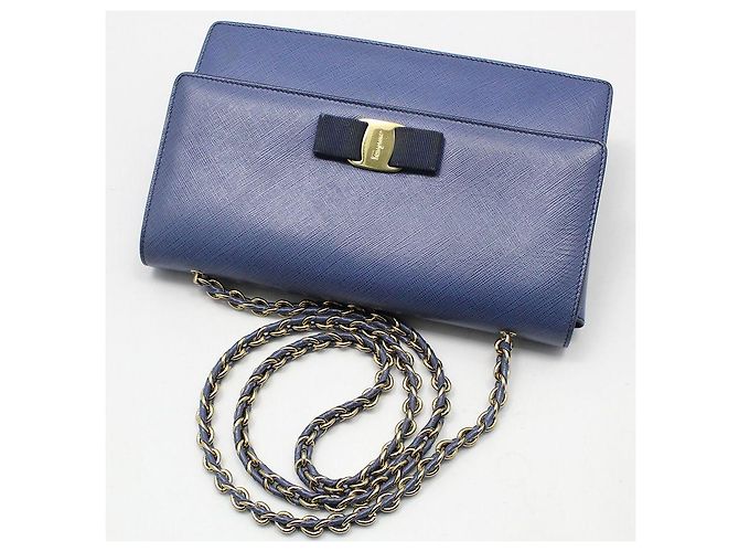 Salvatore Ferragamo Borsa a tracolla Blue Leather Gold Baragini Chain Crossbody Bag - vista 3