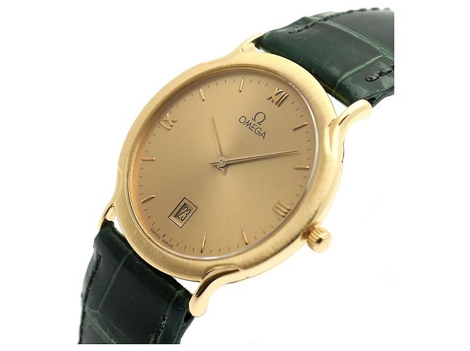 Omega De Ville Vintage Men's Gold Leather Watch Medium Solid Gold Date Original Green - view 12