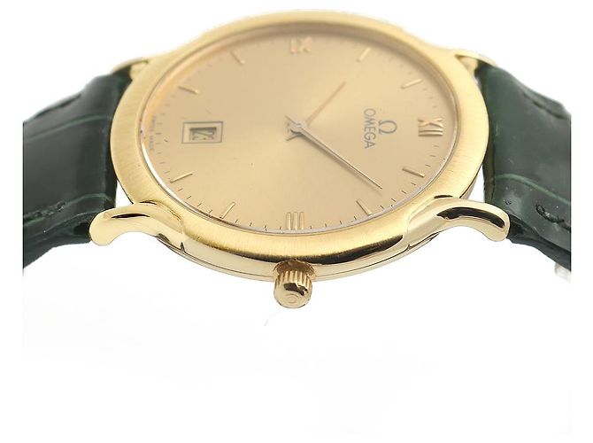 Omega De Ville Vintage Men's Gold Leather Watch Medium Solid Gold Date Original Green - view 13