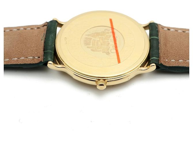 Omega De Ville Vintage Men's Gold Leather Watch Medium Solid Gold Date Original Green - view 14