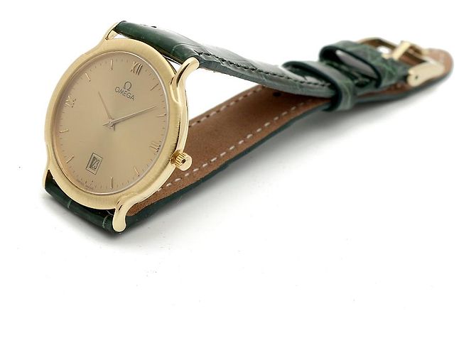 Omega De Ville Vintage Men's Gold Leather Watch Medium Solid Gold Date Original Green - view 15
