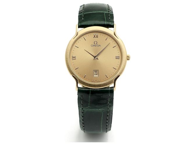 Omega De Ville Vintage Men's Gold Leather Watch Medium Solid Gold Date Original Green - view 17