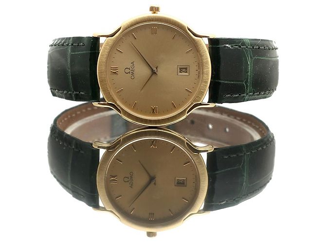 Omega De Ville Vintage Men's Gold Leather Watch Medium Solid Gold Date Original Green - view 19