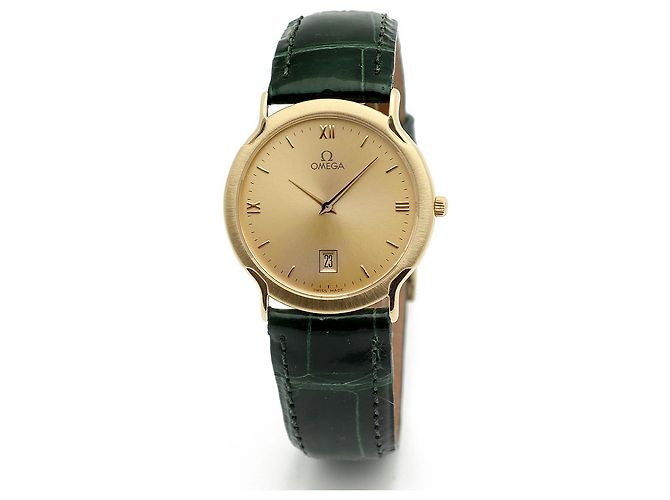 Omega De Ville Vintage Men's Gold Leather Watch Medium Solid Gold Date Original Green - view 2