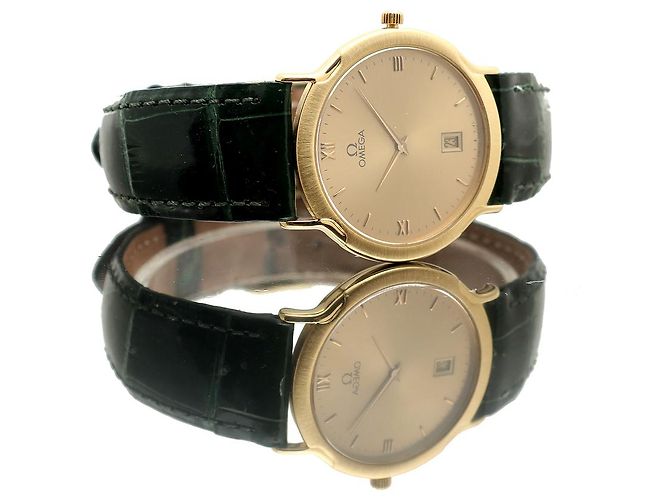 Omega De Ville Vintage Men's Gold Leather Watch Medium Solid Gold Date Original Green - view 20
