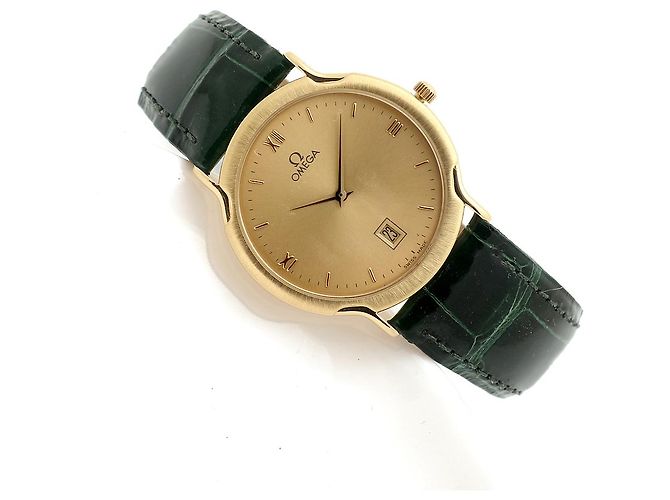 Omega De Ville Vintage Men's Gold Leather Watch Medium Solid Gold Date Original Green - view 22