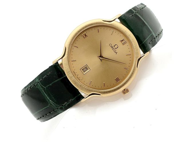 Omega De Ville Vintage Men's Gold Leather Watch Medium Solid Gold Date Original Green - view 23