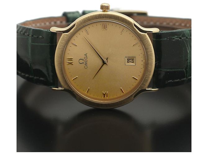 Omega De Ville Vintage Men's Gold Leather Watch Medium Solid Gold Date Original Green - view 25
