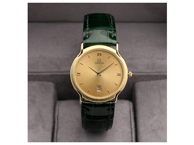 Omega De Ville Vintage Men's Gold Leather Watch Medium Solid Gold Date Original Green - view 26