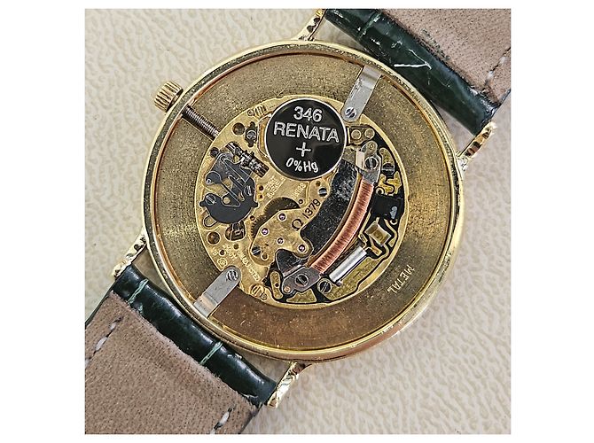 Omega De Ville Vintage Men's Gold Leather Watch Medium Solid Gold Date Original Green - view 3