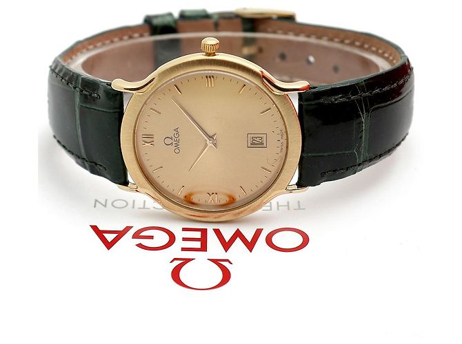 Omega De Ville Vintage Men's Gold Leather Watch Medium Solid Gold Date Original Green - view 5