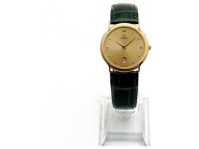 Omega De Ville Vintage Men's Gold Leather Watch Medium Solid Gold Date Original Green - view 6