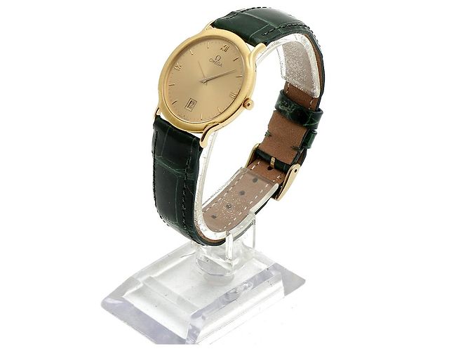 Omega De Ville Vintage Men's Gold Leather Watch Medium Solid Gold Date Original Green - view 7