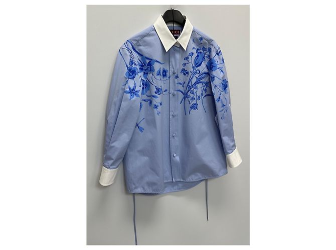 Gucci Blusa de popelina de algodón con estampado floral azul cielo - vista 3