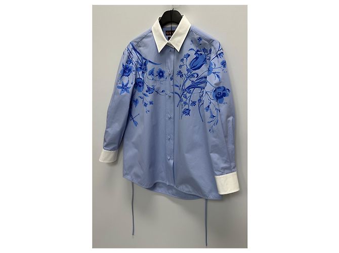 Gucci Blusa de popelina de algodón con estampado floral azul cielo - vista 4